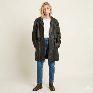 Vintage Gabriel Collection Black Leather Trench Coat Jacket Size Large